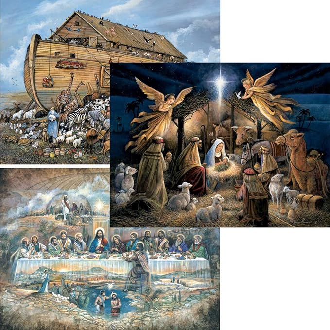 Bits and Pieces – Value Set of Three 500 Piece Jigsaw Puzzles for Adults – Noah's Ark, Last Supper, in The Manger - Religious Scenes Jigsaw Puzzles by Artist Ruane Manning