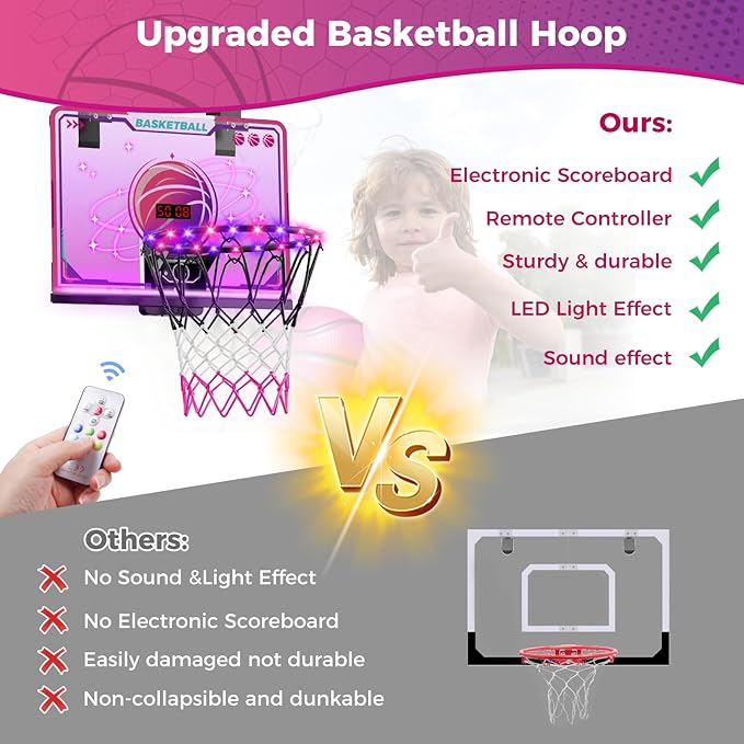 VATOS Basketball Hoop for Girls Indoor, LED Basketball Hoop with 7 Color Lights, Glowing Rim, Scoreboard & Remote Controller, Basketball Set Sports Toys Birthday Gifts for Girls Kids Teens 5-12