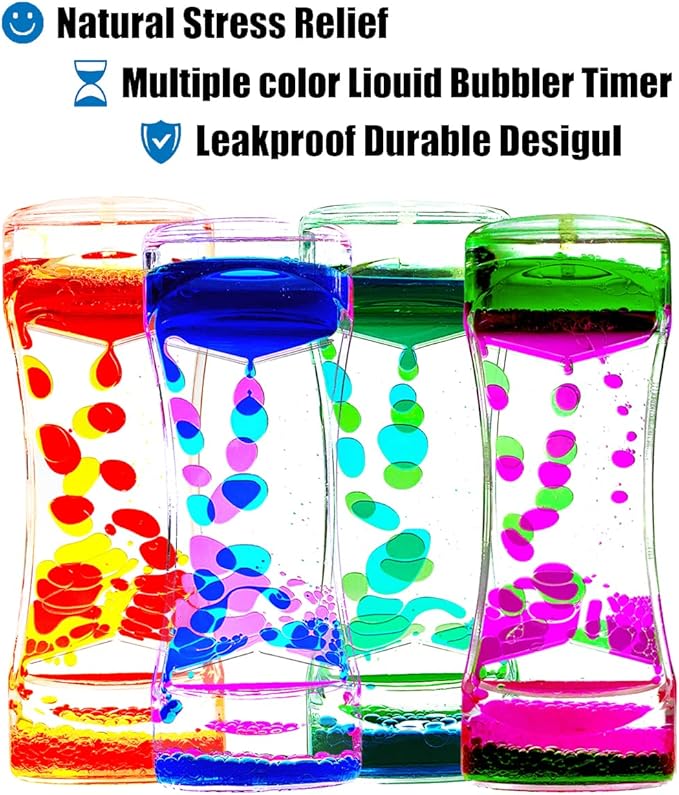 FKYTION Liquid Motion Bubbler Timer Pack of 4 Colorful Hourglass Liquid Bubbler ADHD Fidget Sensory Toys for Kids, Teenagers, Adults