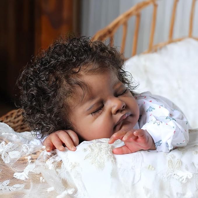 WOOROY Realistic Reborn Baby Dolls Black - 20-Inch African American Sleeping Newborn Dolls with Weighted Cloth Body and Soft Hand-Rooted Curly Hair with Accessories Gift Set for Kids Age 3+