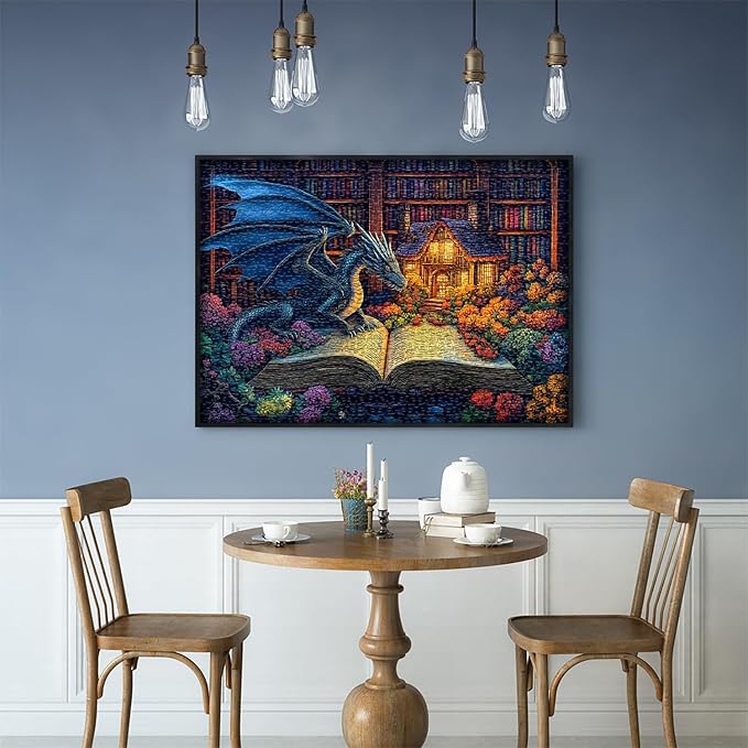 Dragon Puzzles for Adults 1000 Pieces, Magic Dinosaur Library Book Nature Garden Flower Themed, Fantasy Animal Wildflower Challenge Jigsaw Puzzle
