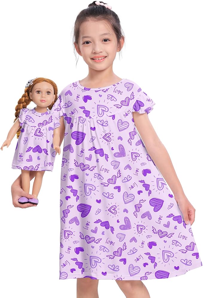 ICOSY Matching Doll & Girls Nightgowns Clothes Girls Pajamas Sleepwear Outfit for Kids and 18" Girl Doll