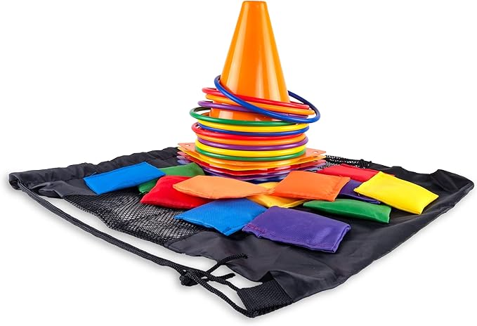 Super Z Outlet 30 Piece Carnival Outdoor Fair Tossing Games Toy Party Set with 12 Rings, 12 Bean Bags, and 6 Cones