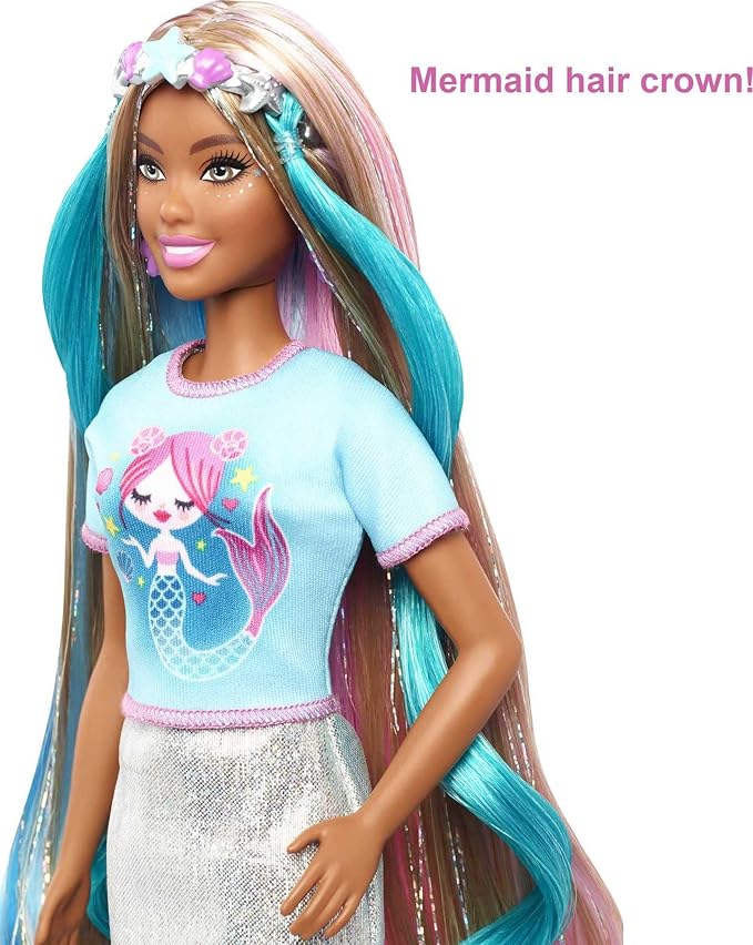 Barbie Fantasy Hair Doll & Accessories, Long Colorful Brunette Hair with Mermaid and Unicorn-Inspired Clothes