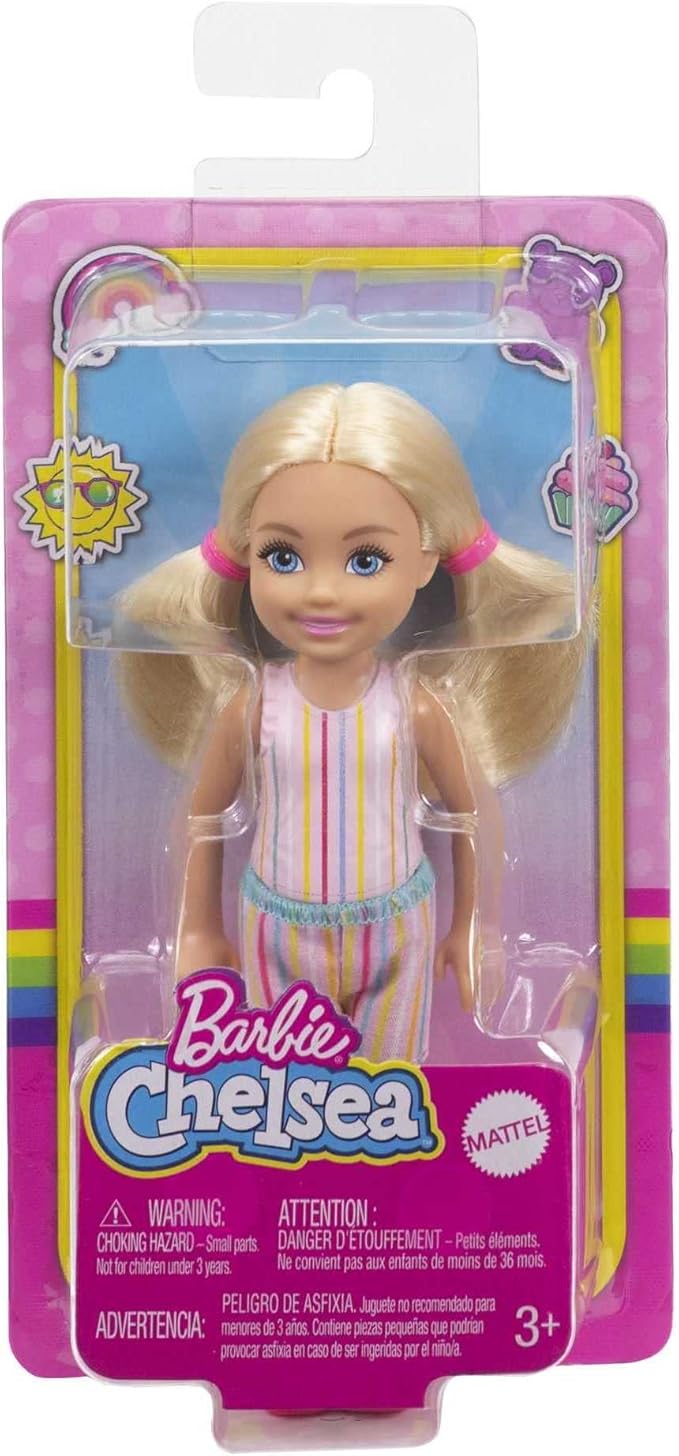 Barbie Chelsea Doll, Small Doll with Blonde Pigtails & Blue Eyes in Removable Striped Dress & Pink Boots