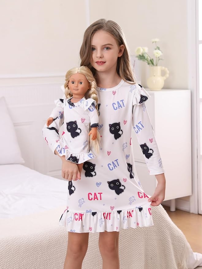 Bow Dream Girl Dress Cute Cartoon and Matching American Girl Doll Clothes Accessories for Girls Dresses White Cat