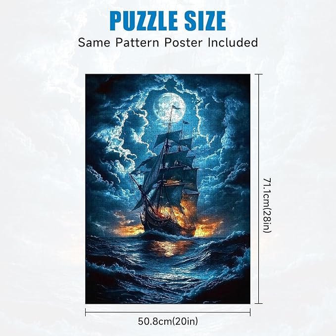 1000 Piece Jigsaw Puzzle for Adults, Ancient Sailing Ship in Moonlight Stormy Ocean Puzzle, 20x28 Inch Challenging Nautical Art for Home Décor