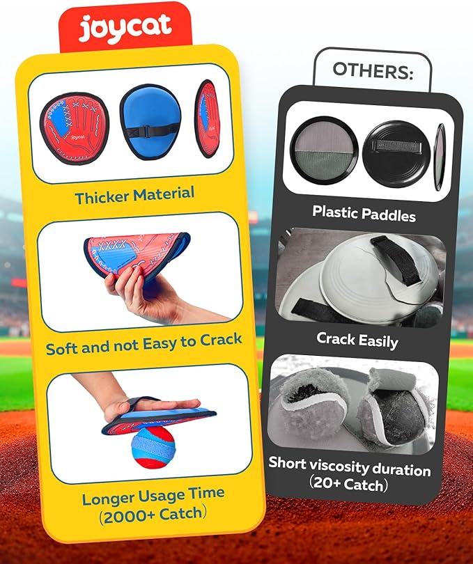 JoyCat Toss and Catch Ball Game for Kids, 2 Paddle Sticky Ball Set, Toddler Baseball Catch Toy, Outdoor Game for Beach, Yard & Camping, Sports Easter Basket Stuffer Gifts for Boys Girls Ages 3-12
