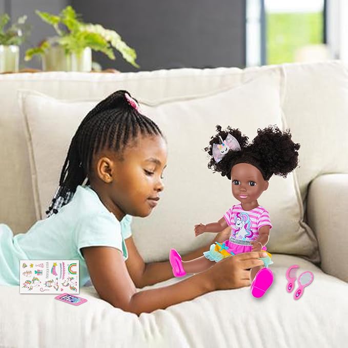 Ecore Fun 14 Inch Black Doll with Black Baby Doll Clothes Accessories – Including Dress, Top, Skirt, Shoes, Comb, Mirror, Hairclip, Phone & Stickers - African Realistic Silicone Girl Dolls for Girls