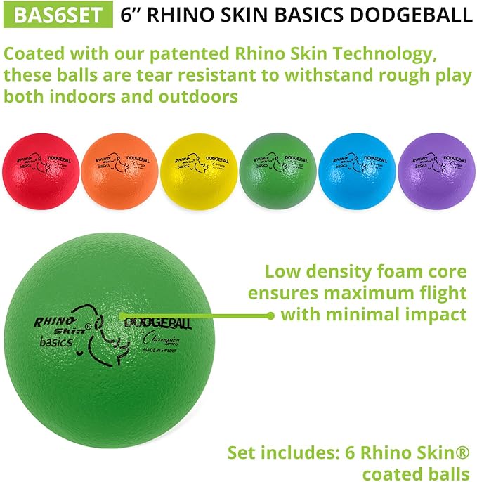 Champion Sports Rhino Skin Dodgeball Set – 6 Soft Foam Balls with Durable Coating, 6" or 7" for Gym, Playground Play