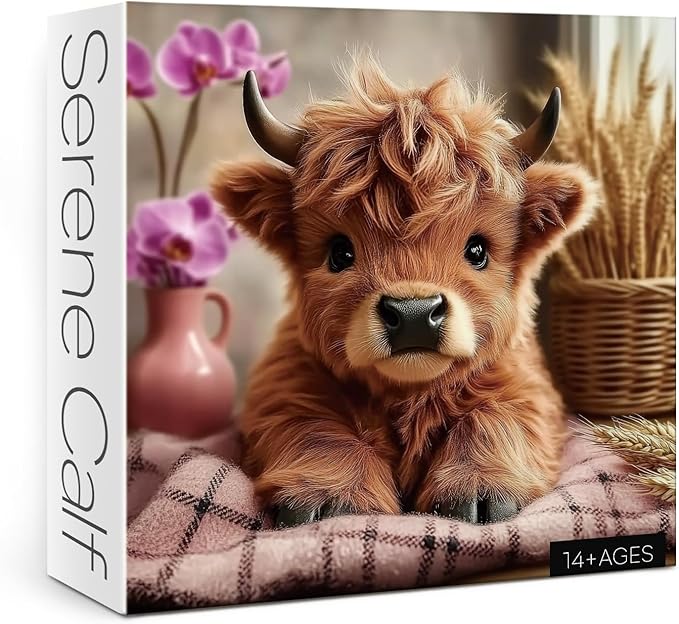 Cute Highland Cow Flower Puzzles for Adults 1000 Pieces, Funny Alpine Cattle Animal Jigsaw Puzzle, Impossible Difficult Art Puzzles