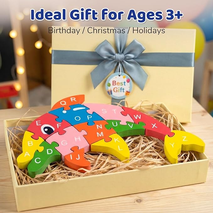 LovesTown Wooden Puzzles for Kids, Double Sided Dolphin Jigsaw with Alphabet & Numbers, Montessori Educational Toy for Toddlers, Chunky Animal Gift