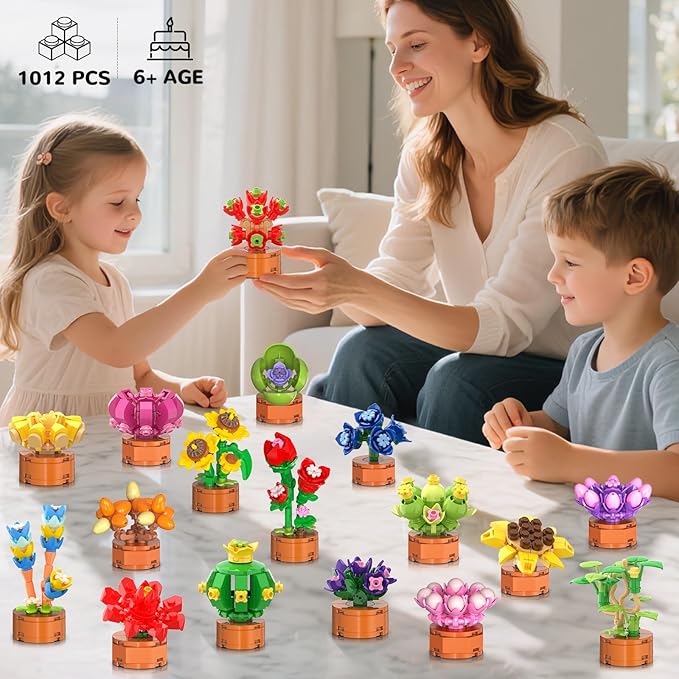 24 Pack Flowers Succulent Party Favors for Kids Building Set - 1012pcs Botanical Bonsai 3.6mm Mini Building Blocks Toy for Easter Basket Fillers Classroom Prize Stocking Stuffer Gift for Girl Boy 6+