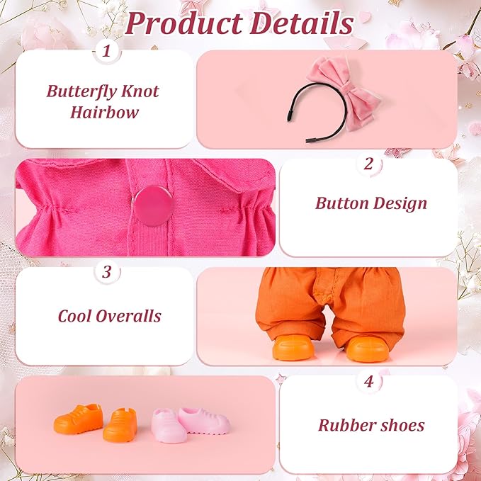 2 Set 17cm Doll Clothes Accessories,Doll Outfits for 17CM/6.7inch- Pink Butterfly hairbow+Glasses+Pink & Orange Overalls+Shoes