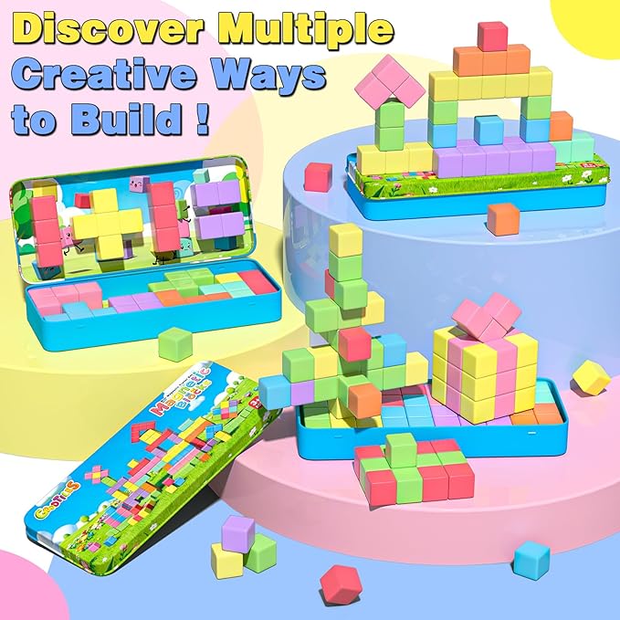 Mini Magnetic Blocks, Travel Outdoor Toys for Kids Ages 3-5 4-8, Magnet Cubes with Iron Box, STEM Montessori Sensory Building Toys, Ideal Gifts for Toddlers Boys Girls Birthday