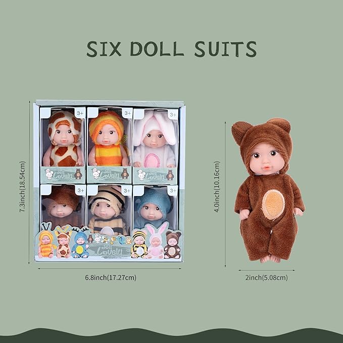 Vueos 6PCS 4inch Mini Dolls Set - Baby Doll with 6 Animal Outfits & Accessories, Reborn Baby Dolls for Kids Role Play, Perfect Birthday for Children Ages 3+