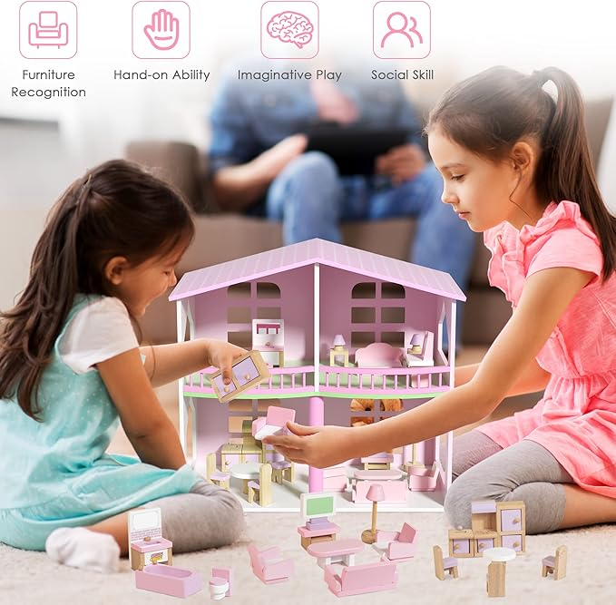 WOODMAM Wooden Dollhouse Furniture Set, 22 PCS Doll House Accessories Including 5 Room Kits, Little People House Furniture Toy Gift for Girls Boys Age 3+, Miniature Dollhouse Furnishing