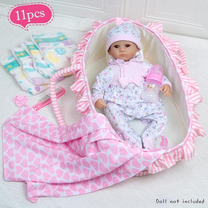 PEDOLLTREE 11 Pcs Reborn Baby Dolls Clothes Girl Pink Chick Outfit Accessories for 16-18 Inch Reborn Doll Newborn Girl with Pink Heart Bassinet