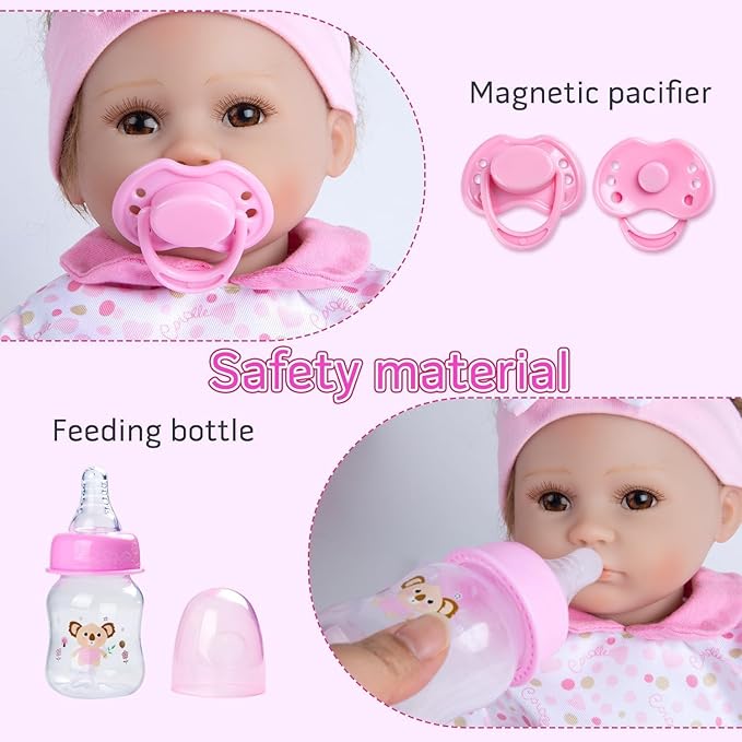 10 Pcs Reborn Baby Doll Clothes Pink Outfit Accessories for 16-18 Inch Reborn Dolls Newborn Baby Girl Clothes Set with Bassinet