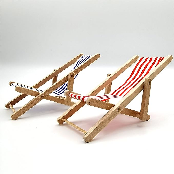 Dollhouse Decoration, Mini Wooden Folding Beach Sunbath Chair Longue Deck Chair Craft Dollhouse Accessories