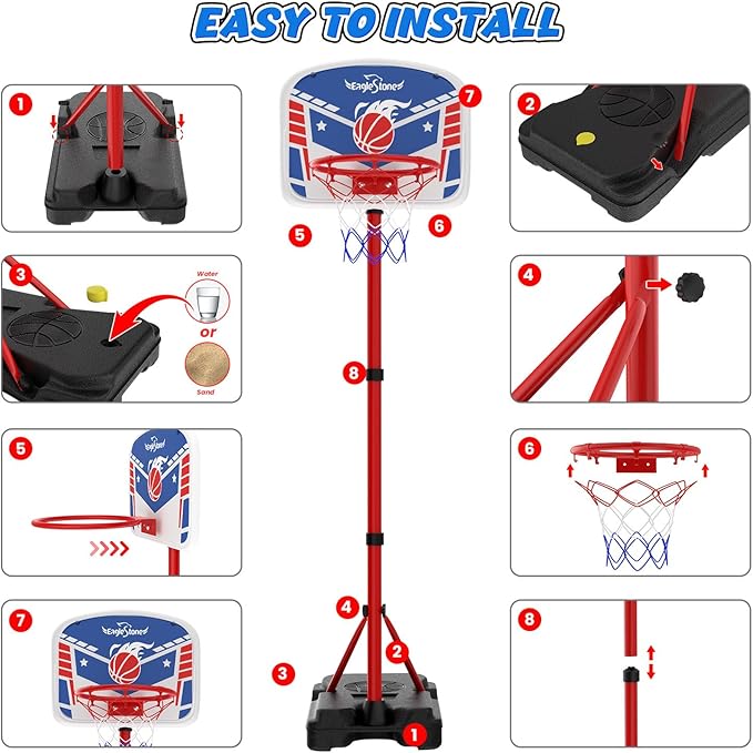 EagleStone Kids Basketball Hoop with Stand, Adjustable Height Basketball Set Toddler Toys for Boys and Girls Age 3-12, Indoor Outdoor Backyard Sport Game Gift with Sandbag for Stability