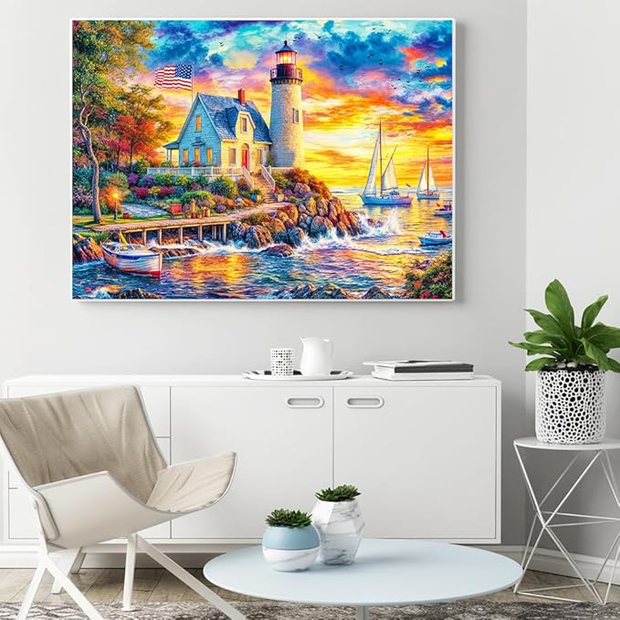 HUADADA 1000 Piece Puzzles for Adults - Sunset Lighthouse - Jigsaw Puzzles for Adults 1000 Piece Educational Games Colorful Puzzles for Home Decoration