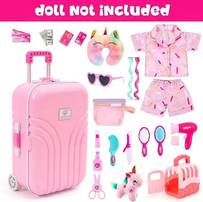 American 18 Inch Doll Accessories Sleepover Pajama Set with Travel Suitcase, Doll Accessories Bundle, Wigs, Sunglasses, U-Shaped Unicorn Pillow(No Doll)