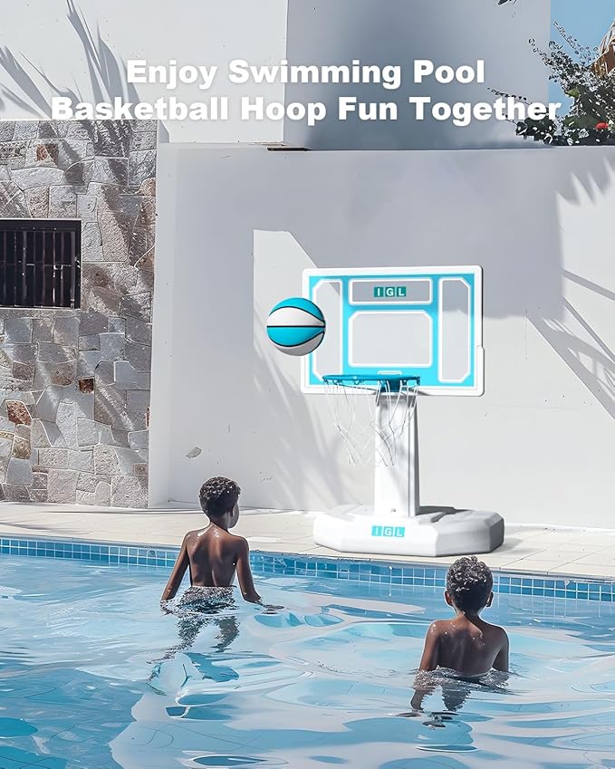 IGL Pool Basketball Hoop Outdoor, Outdoor Poolside Basketball Hoop, Base & Stand Double Water Storage with 2 Ball & Inflator, Stainless Steel Basketball Rim, Fixed Height