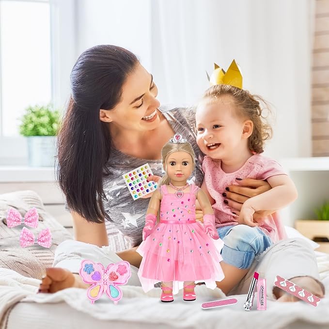 American 18 inch Girl Doll Clothes and Accessories - Princess Dress, Crown, Necklace, Lipstick, Makeup Palette, Nail Kit, Satchel, Gloves, Shoes, Sticky Rhinestones,Hair (No Doll)