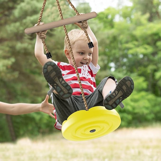 KINSPORY Disc Swing for Kids, Swing Set Accessories, 7FT Height Adjustable Gym Monkey Bars, Hanging Tree Seat for Backyard, Outdoor Play Equipment (Yellow)