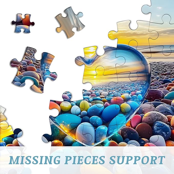 Crystal Heart Puzzles for Adults 1000 Pieces, PICKFORU Colorful Summer Beach Sunset Jigsaw Puzzles, Difficult Love Cobblestone Theme as Home Decor