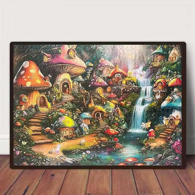 Mushroom Castle 1000 Piece Puzzle for Adults,Mushroom Garden Waterfall Puzzles for Adults 1000 Pieces,Challenging and Hard Difficult Mosaic Jigsaw Puzzles Toy Games 1000Pieces 27.5 X 19.7inch