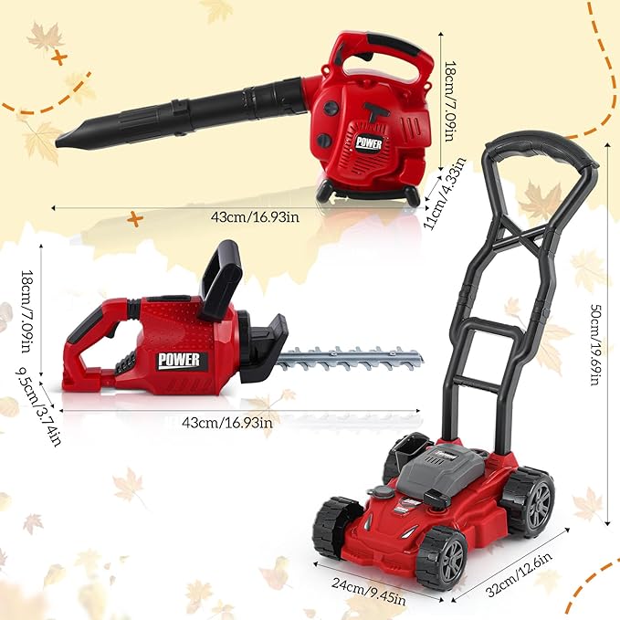 3 Pcs Toy Gardening Tool Set for Kids Toy Leaf Blower Hedge Trimmer Push Lawn Mower Play Set with Lights and Sounds Christmas Birthday Gifts for Boys Girls