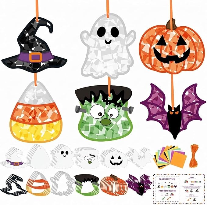 Feifeiya 24 Set Halloween Suncatcher Crafts with Tissue Paper DIY Stained Glass Effect Sun Catcher Kit Make Your Own Halloween Crafts Hanging Ornaments for Window Activity Creative Projects
