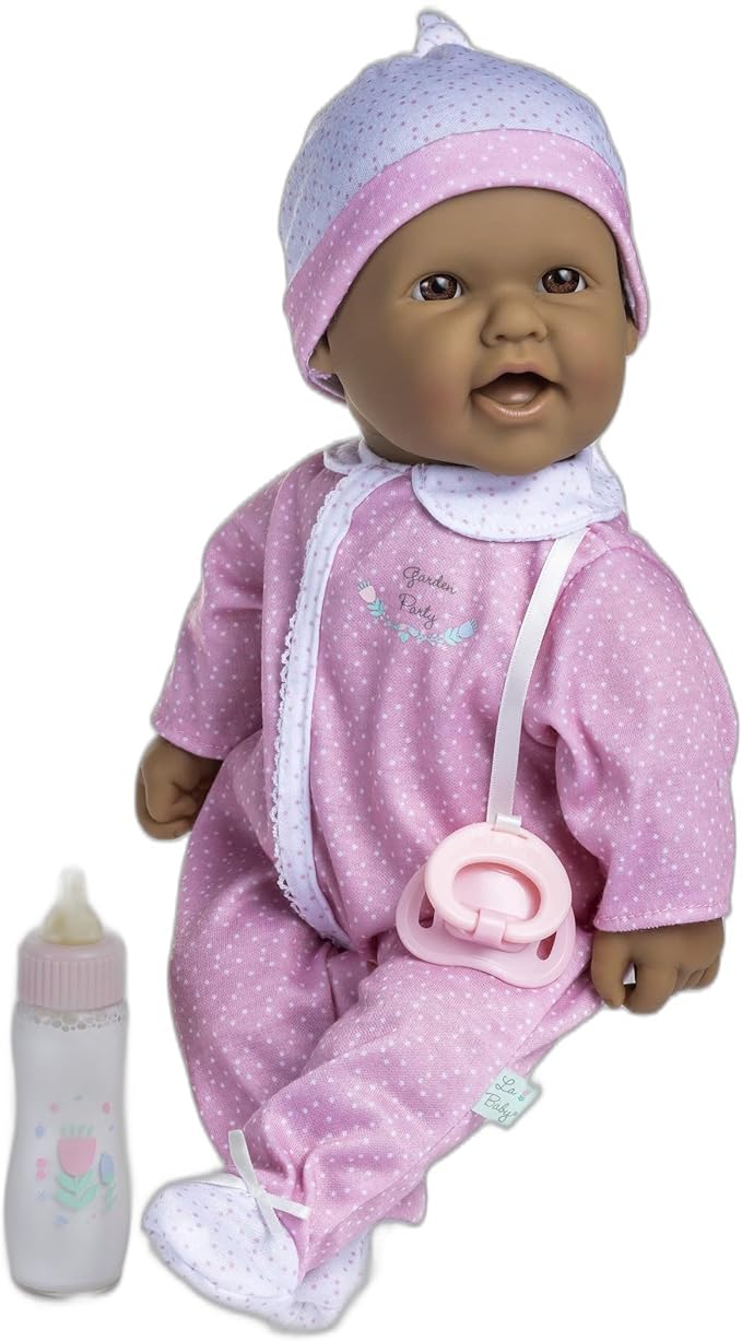 JC Toys La Baby Hispanic 16-inch Small Soft Body Baby Doll La Baby | Washable |Removable Pink and White w/Hat, Pacifier & Magic Bottle | for Children 12 Months +