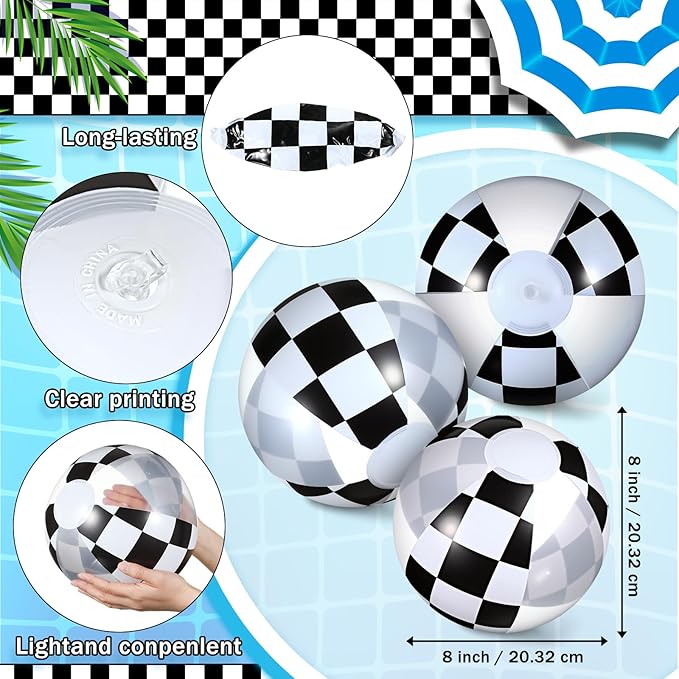 12 Pieces Inflatable Beach Ball Set - 8 inch Black and White Checkered Print Beach Balls for Theme Game Party Supplies Summer Pool Games Birthday Fun Party Favors