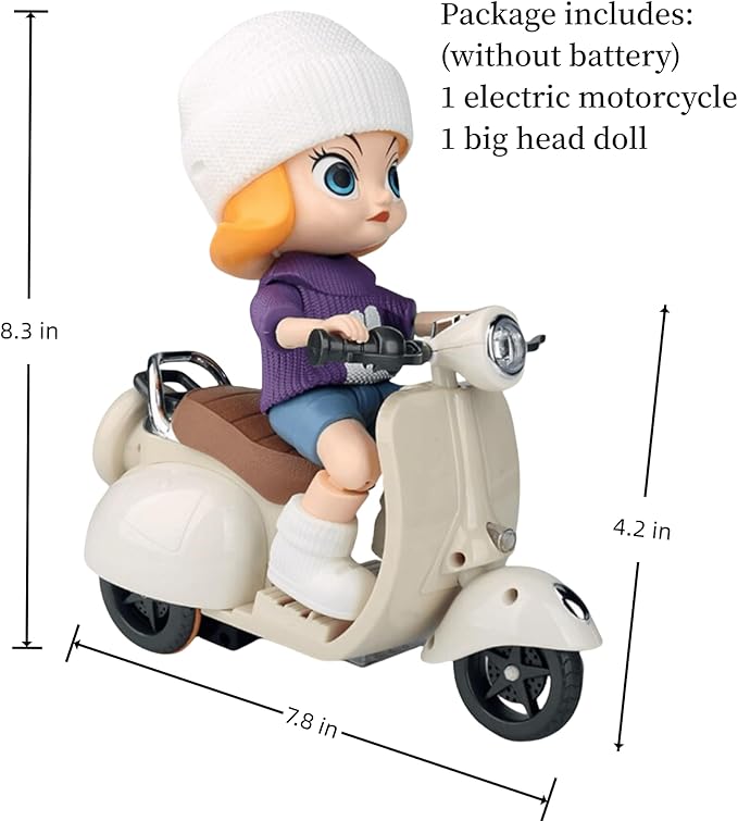 Liotww Motorcycles Scooter Toy Doll - with Light and Music, Cute Have a Seat for Accessories, Decor Desktop Ornaments Collectors (Off-White)