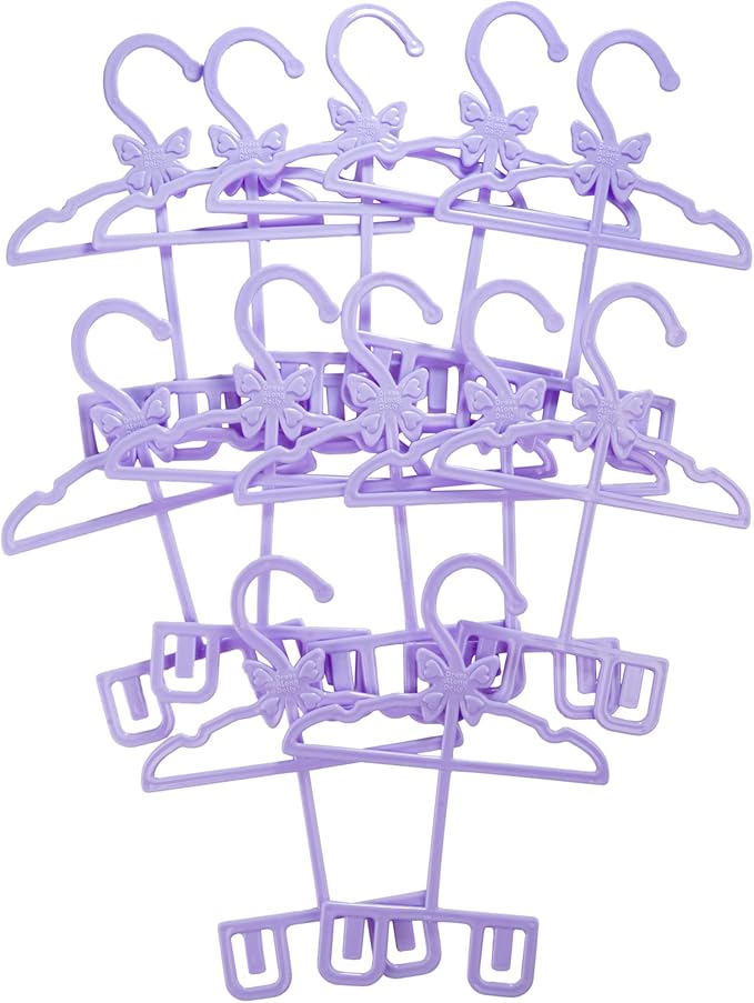 Dress Along Dolly Doll Full-Outfit Clothes Hangers for 18" Dolls - 12pk - Compatible w American Girl- Unique Design Holds Your Top & Bottom at Once Including Dresses, Pants, Shirts, Skirts- Purple