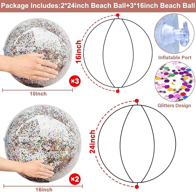 5 Pcs Inflatable Beach Balls, 16 Inch & 24 Inch Large Confetti Glitter Beach Balls, Sequins Clear Blow up Pool Balls Toys for Holiday Party Decorations 2026 New Year Birthday Summer Swimming Pool