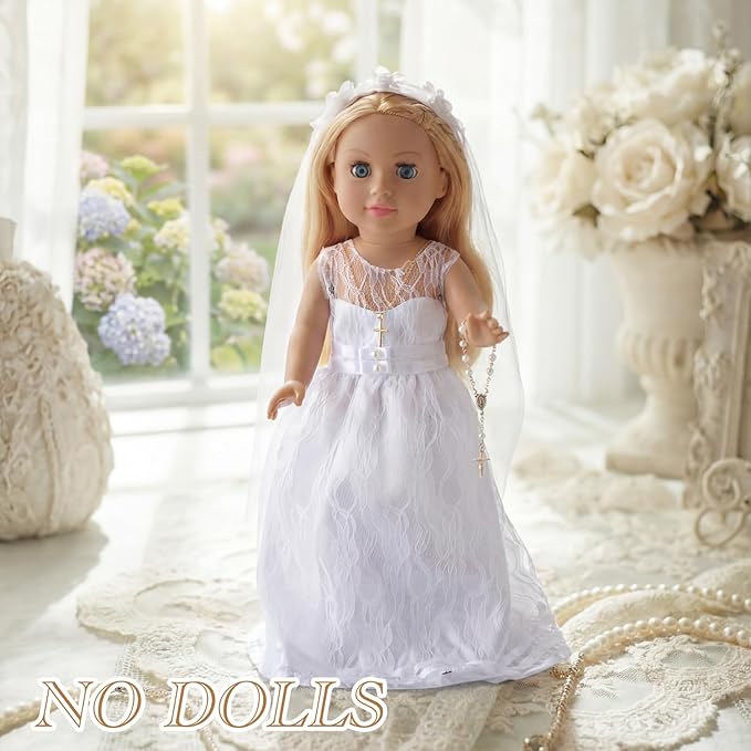 RoundFunny 7 Pcs 18 Inches American Doll Clothes Outfit First Communion Dress with Matching Headband Veil Bracelet Shoes Socks Necklaces Fit 18 Inches Dolls, Doll Not Included (Veil)