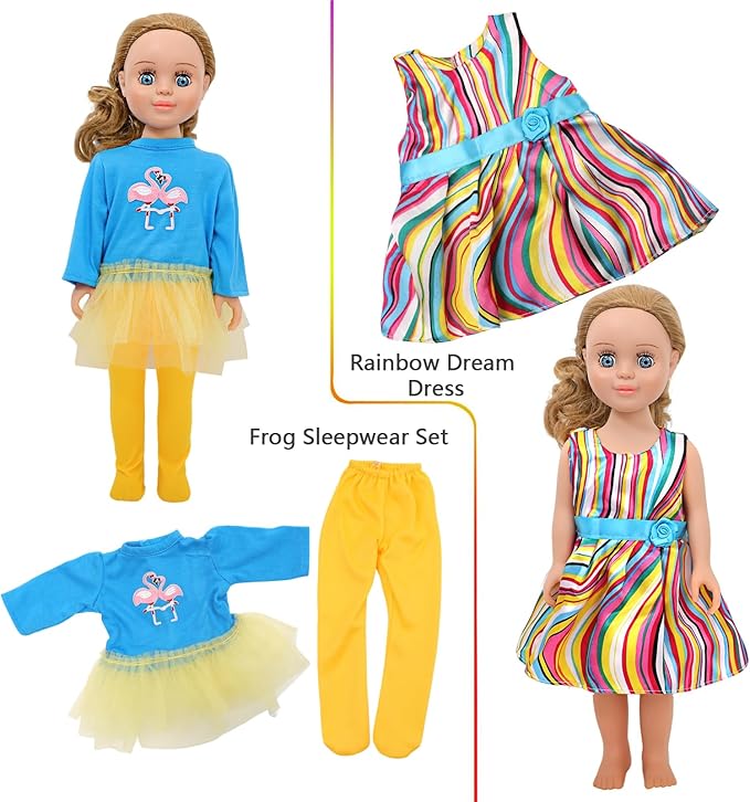 MSYO 10 Sets (16 Pcs) Doll Clothes for 17-18 Inch Dolls, Frog Print/Angel Tee/Floral Dress Variety, Cute Outfits for Play & Gifting