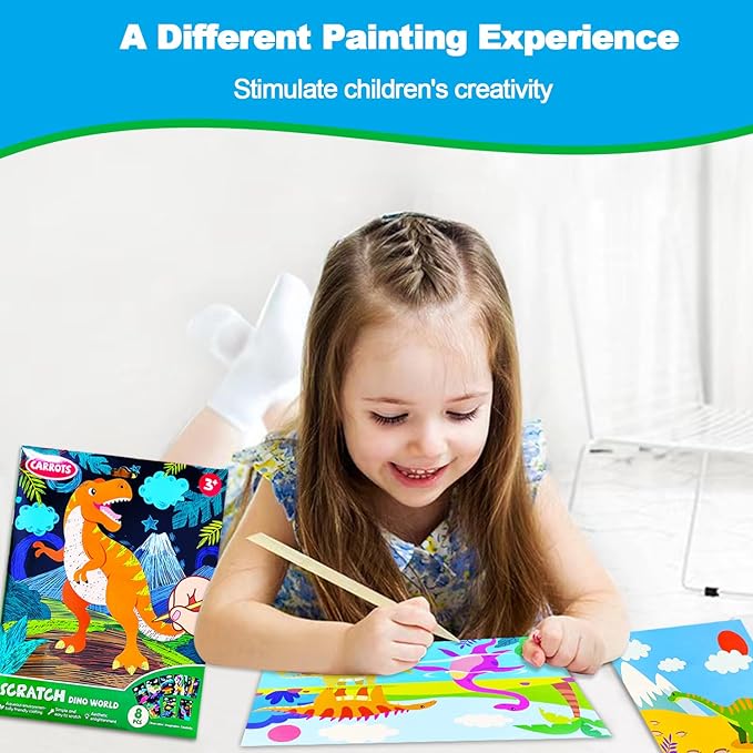JUNQIU Scratch Art for Kids, Dinosaurs Black Rainbow Scratch Art Paper Set-Arts and Crafts & Supplies, DIY Activity & Party Games, Gifts for Toddlers, Girls & Boys Ages 3, 4, 5, 6, 7, 8