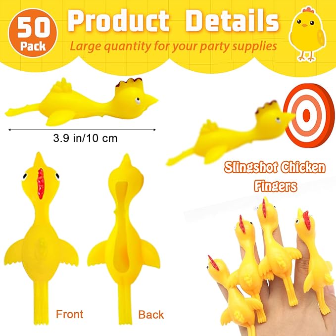 50Pack Finger Slingshot Chicken Rubber,Flick Stretchable Chicken Toys,Flying Stretchy Chicken Fingers for Birthday Party Favor,Halloween,School Thanksgiving Activity(Yellow),Target NOT Included