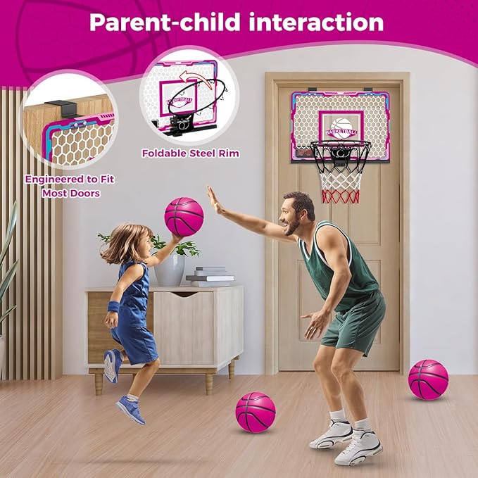 VATOS Basketball Hoop for Girls Indoor, Pink Basketball Hoop with 7 Color Lights, Electronic Scoreboard & Remote Controller, Basketball Set Toys Birthday Gifts for Girls Kids Teens 5-12