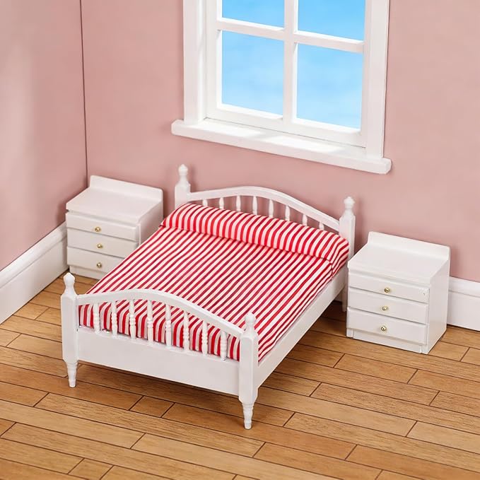 Miniature Furniture Pink Double Bed Synthetic Material 1: 12 Dollhouse Furniture Baby Doll Accessories Set for Decoration Kids Room