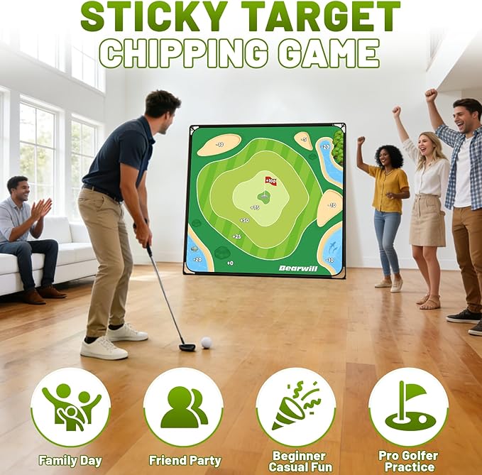 Bearwill Golf Chipping Game 6x6FT, Indoor Outdoor Velcro Sticky Golf Game for Adults and Family, Heavy-Duty Metal Base, Up to 8 Players, Golf Gifts for Junior and Pro Golfers
