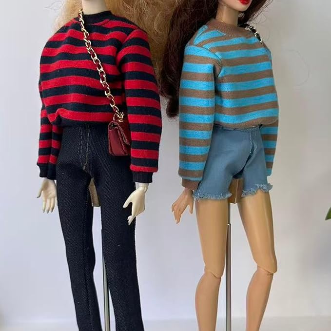Fashion Doll Outfit Set with Blue and Brown Striped Sweatshirt, Shorts, Belt and Sneakers for 11.5-12 Inch Dolls, 1/6 Scale Figure or BJD