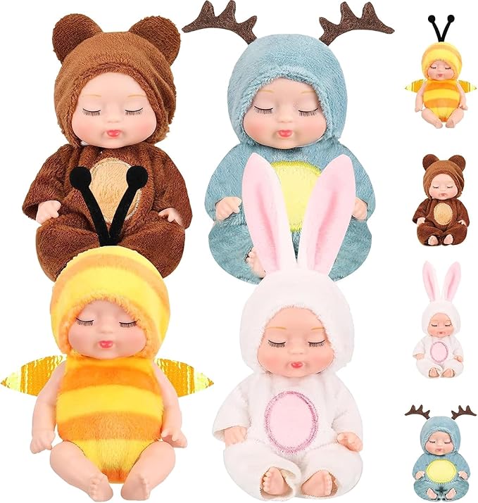 SwankyStyle 4 Pcs Mini Baby Dolls 4 Inch Gift Set, Cute Small Baby Doll Toys with Animal Clothes for Christmas Stockings, or Dollhouse Collections. (Style F)