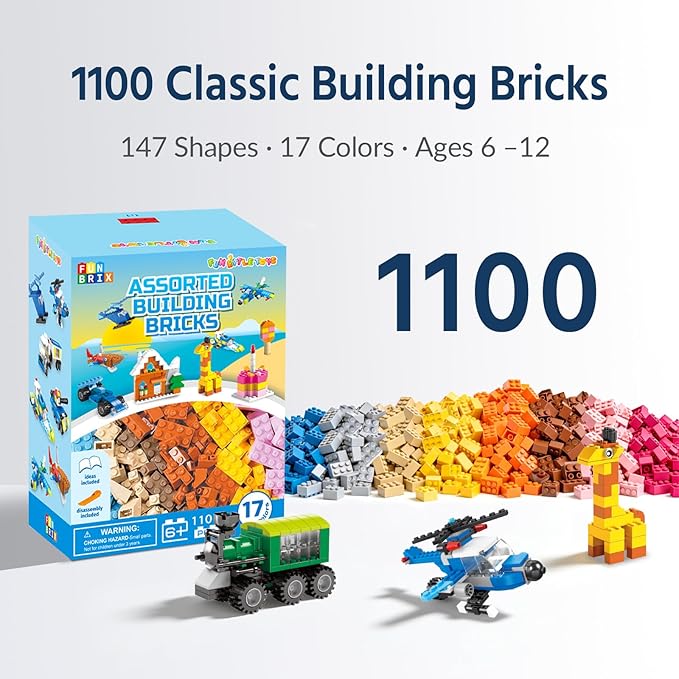 FUN LITTLE TOYS 1100 PCS Building Blocks for Kids 6-12, Creative Bulk Building Bricks Set for Open-Ended Play, 147 Shapes 17 Colors, Value Pack Compatible with Standard Baseplates