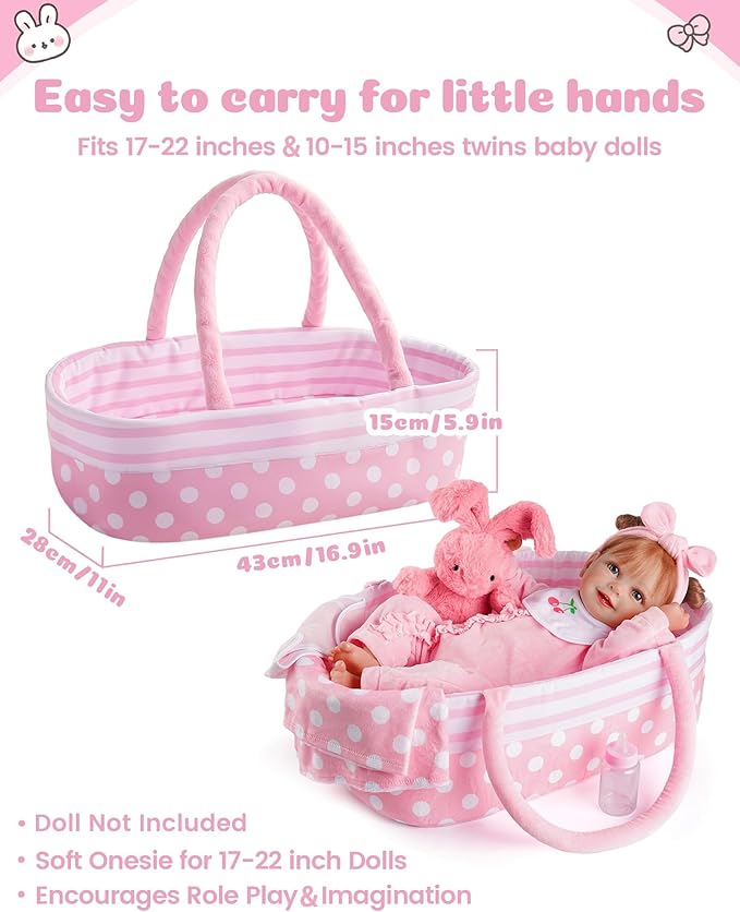 BABESIDE 8 Pcs Baby Doll Accessories, Reborn Baby Dolls Clothes with Bassinet for 17-22 Inch Babydolls, Outfit fit Babies Dolls Girl, Babies Pretend Play Set